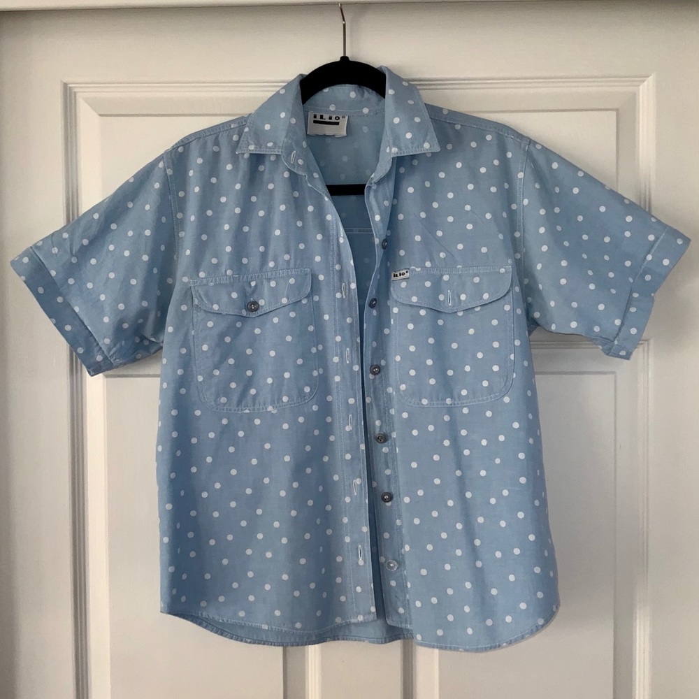 Vintage Blue and White Polka Dot Button Down